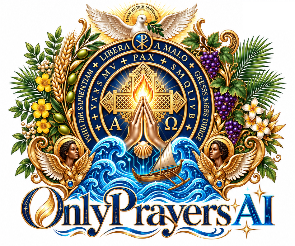 Only Prayers AI ceremonial crest: two angels, a dove with an olive branch, praying hands rising into a golden flame before a cross, Chi-Rho, Alpha and Omega, a ship on sapphire waves, wheat, olives, grapes, palms and flowers